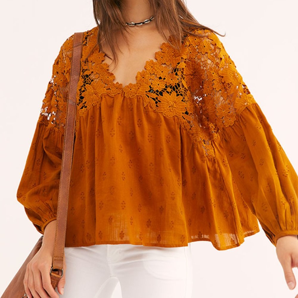Free People Rust Mustard Crochet Lace Peasant Blouse